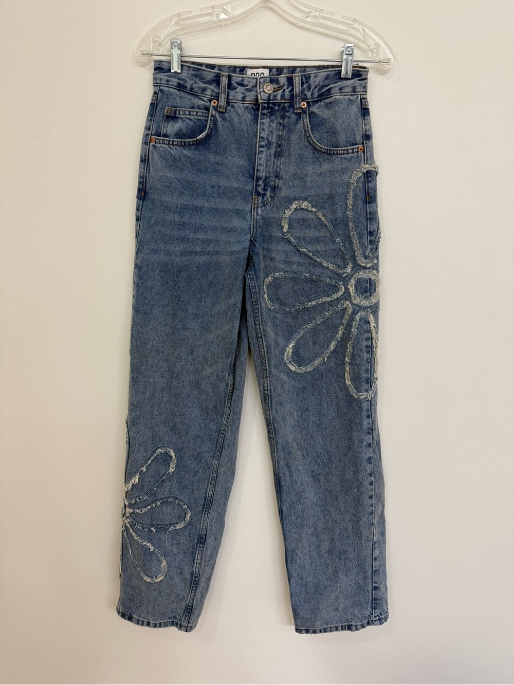 BDG Women's Straight Leg Jeans in Medium Blue with Distressed Daisy Print